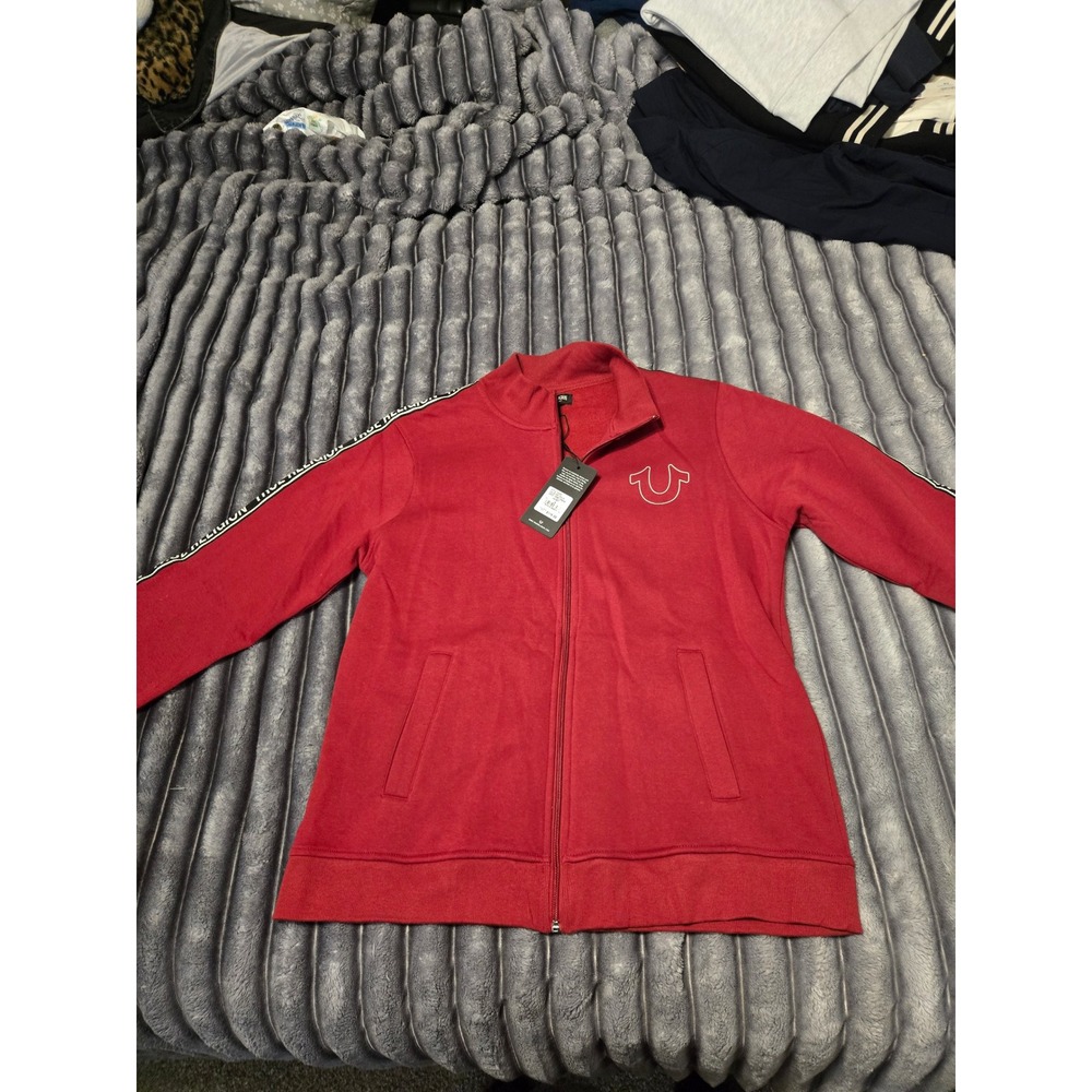 True Religion Mens Logo Trim Track Jacket Red Dahlia Full Zip Mock Neck 700320 L